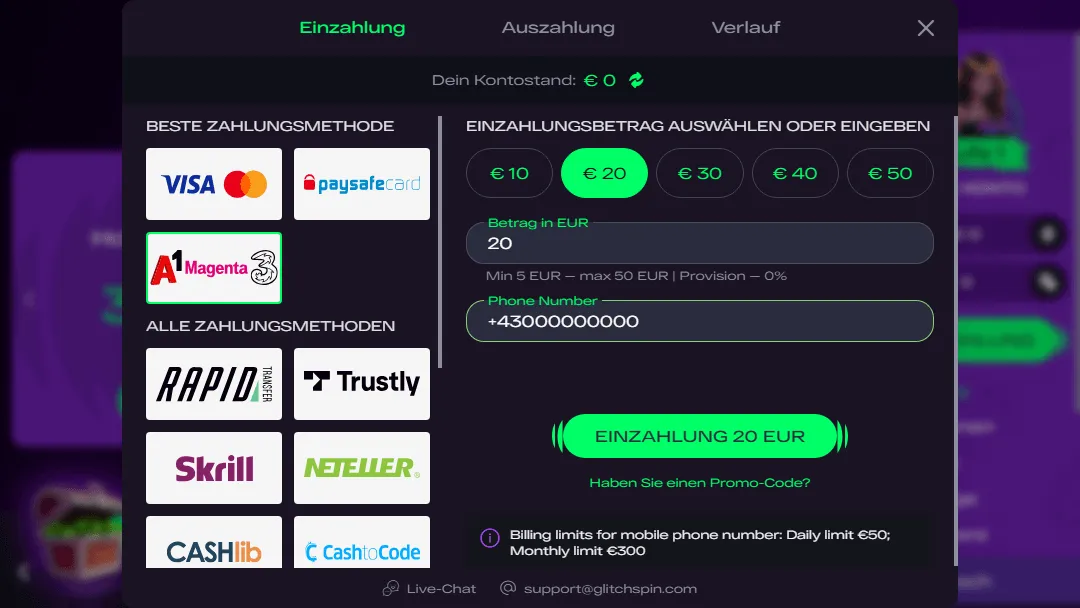 20 € im Glitchspin Casino einzahlen – Mobilfunkanbieter & andere Optionen Glitchspin Casino Einzahlung mit A1, Magenta und Drei