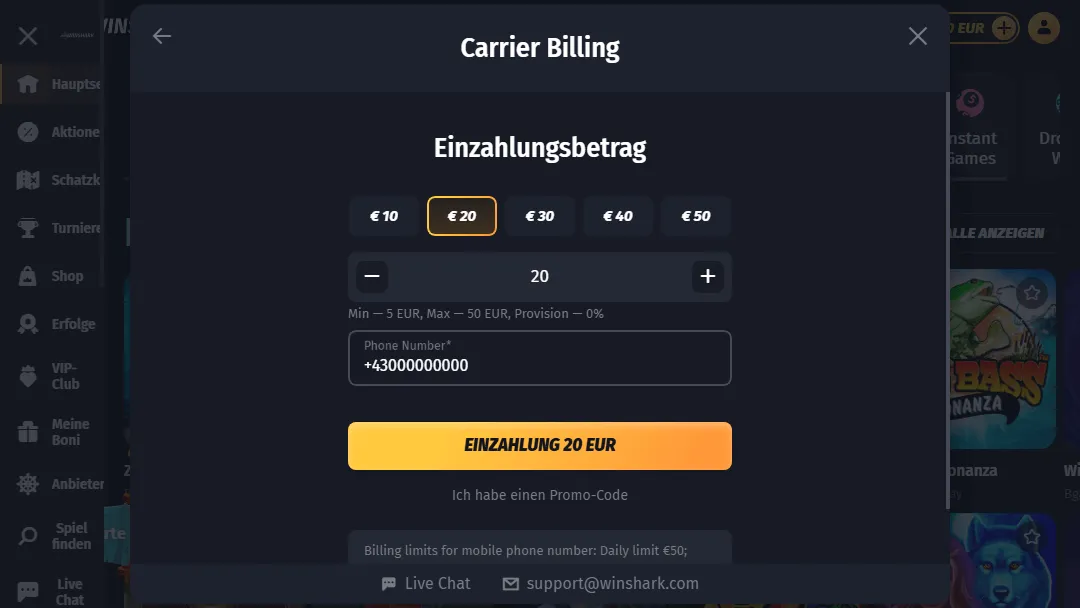20 € Einzahlung im Winshark Casino per Handyrechnung durchführen Online Casino Einzahlung über Mobilfunkrechnung