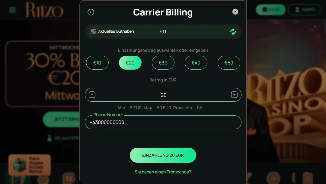 Mit der Handyrechnung im Ritzo Casino einzahlen – 20 € aufladen ohne Gebühr Handyzahlung im Ritzo Casino – Einzahlung 20 €