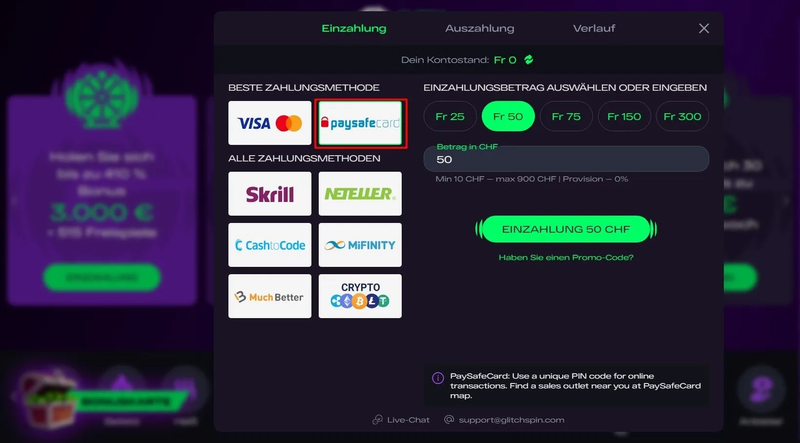 Glitchspin Casino Paysafecard bezahlen Glitchspin Casino mit Paysafecard