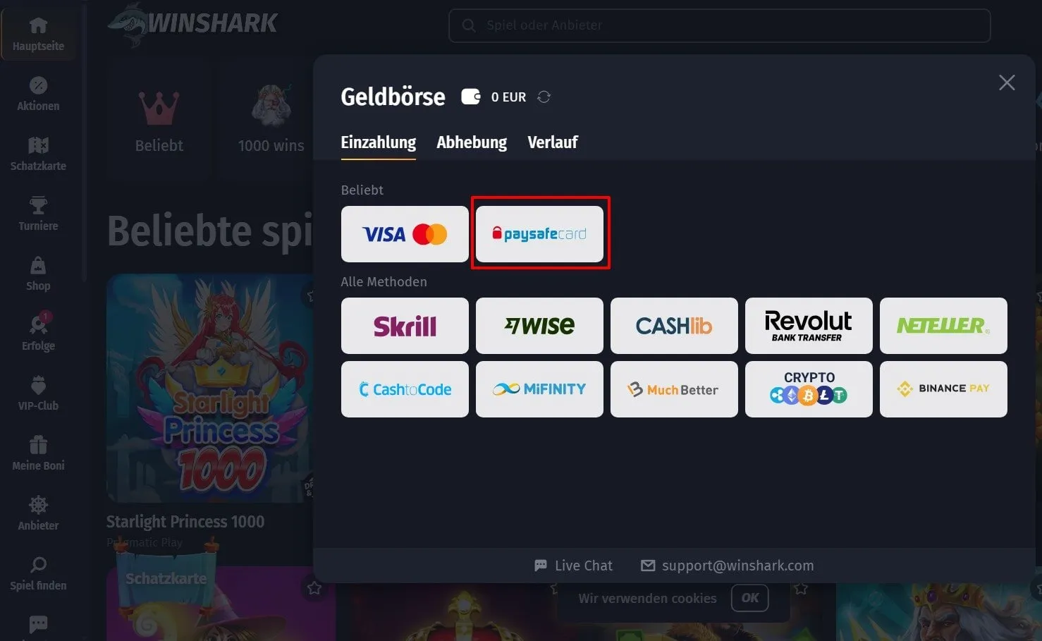 Winshark Casino Paysafecard bezahlen Winshark Casino mit Paysafecard