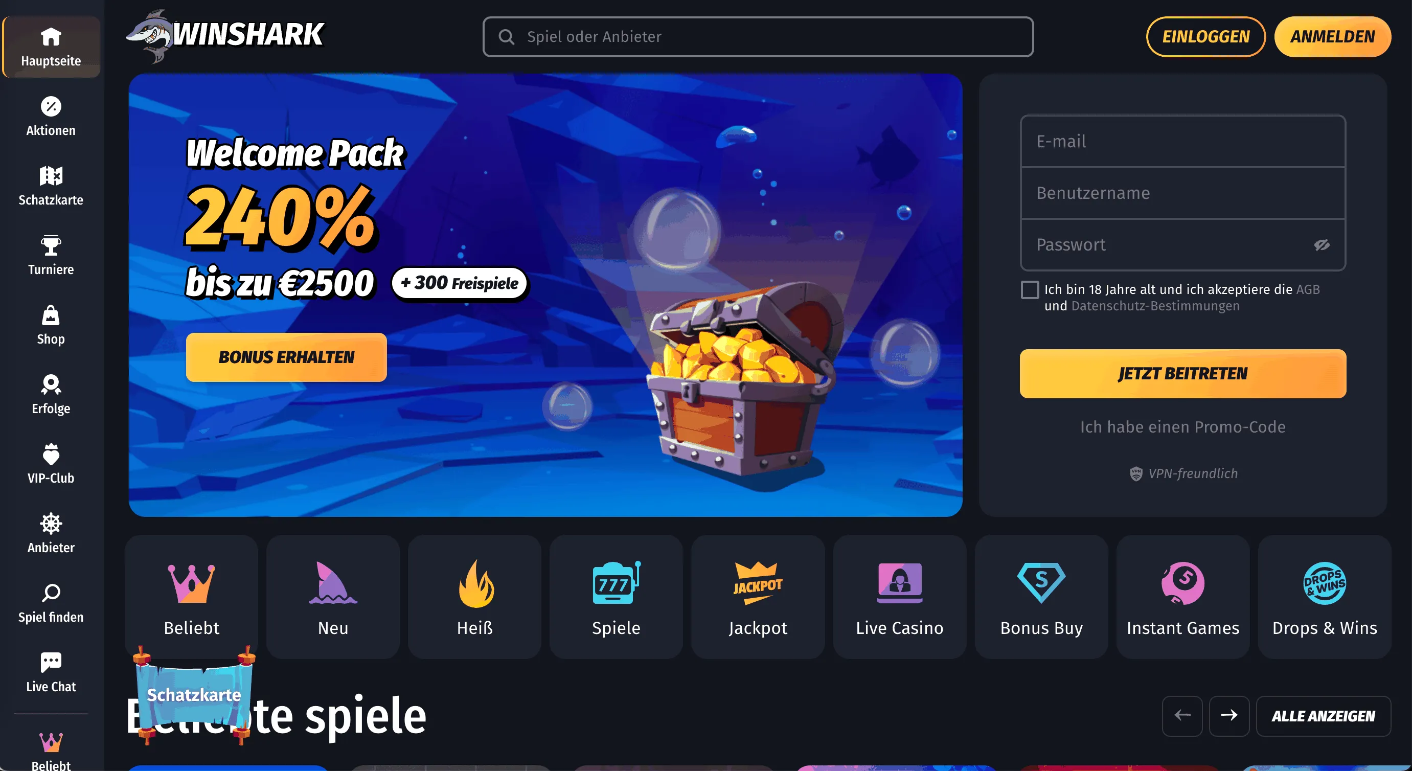 Winshark Casino Lobby-Seite