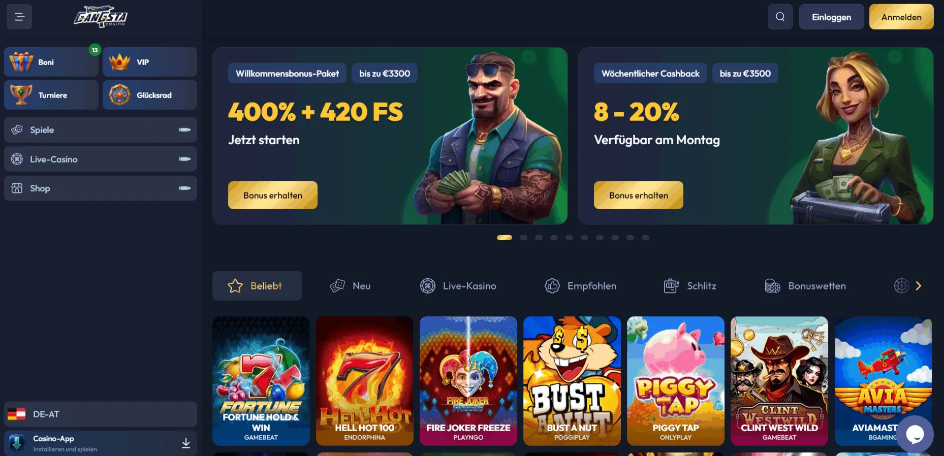 Gangsta Casino Lobby-Seite