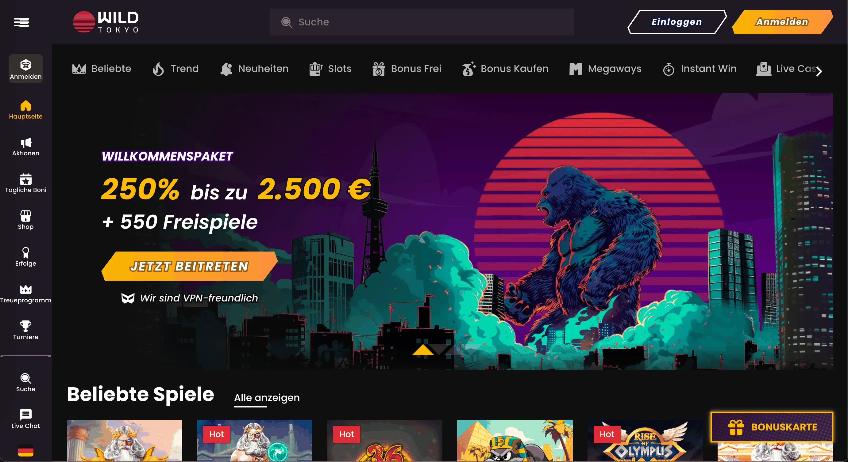 Wild Tokyo Casino Lobby-Seite