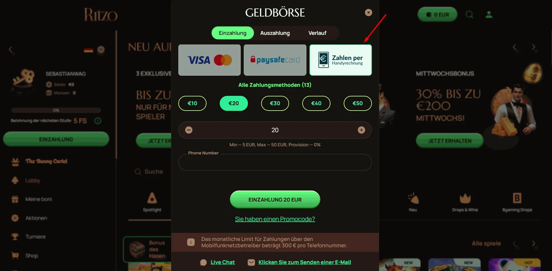 Ritzo Online Casino mit Handyrechnung