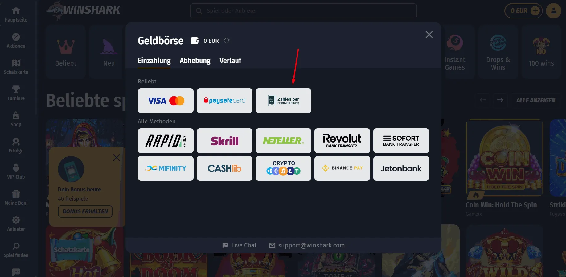 Winshark Online Casino mit Handyrechnung